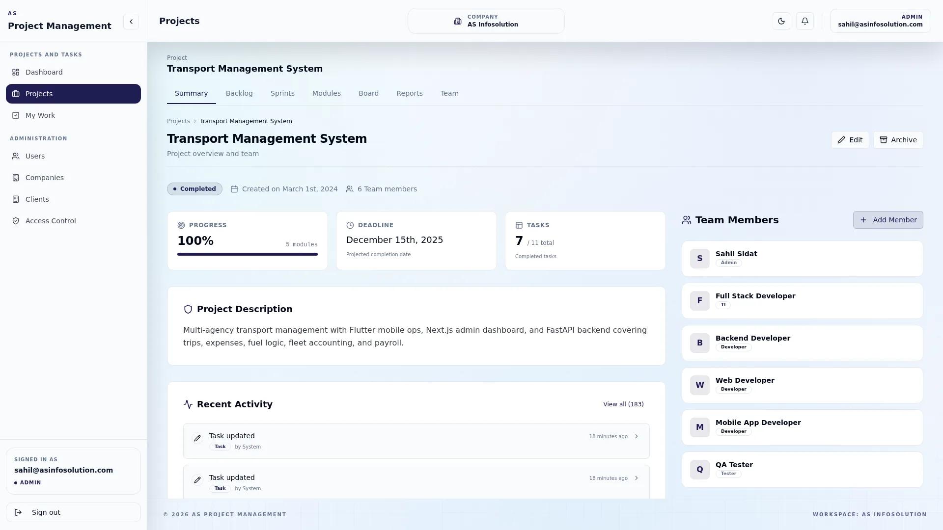 Project summary page