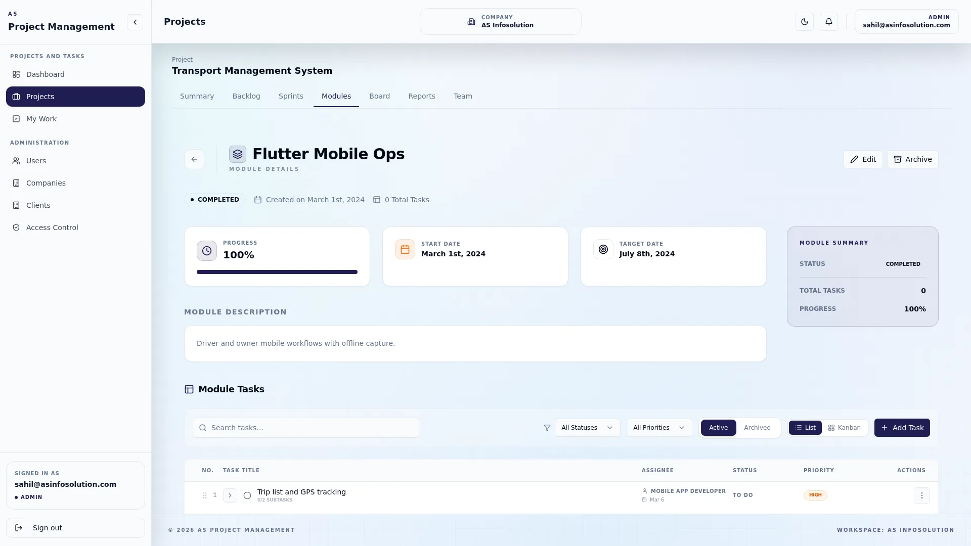 Module detail with tasks