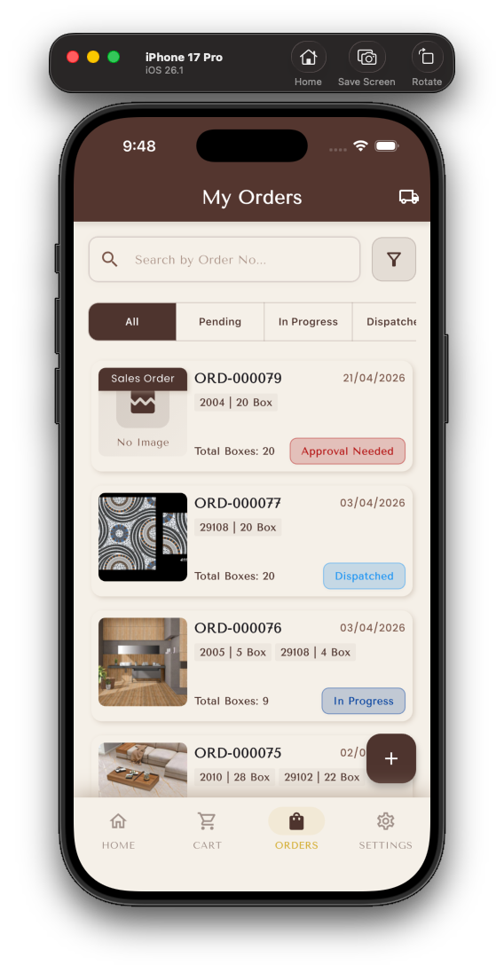 My Orders list with status filters