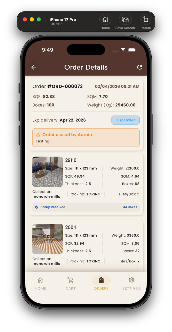 Order details — items, totals and pickup status