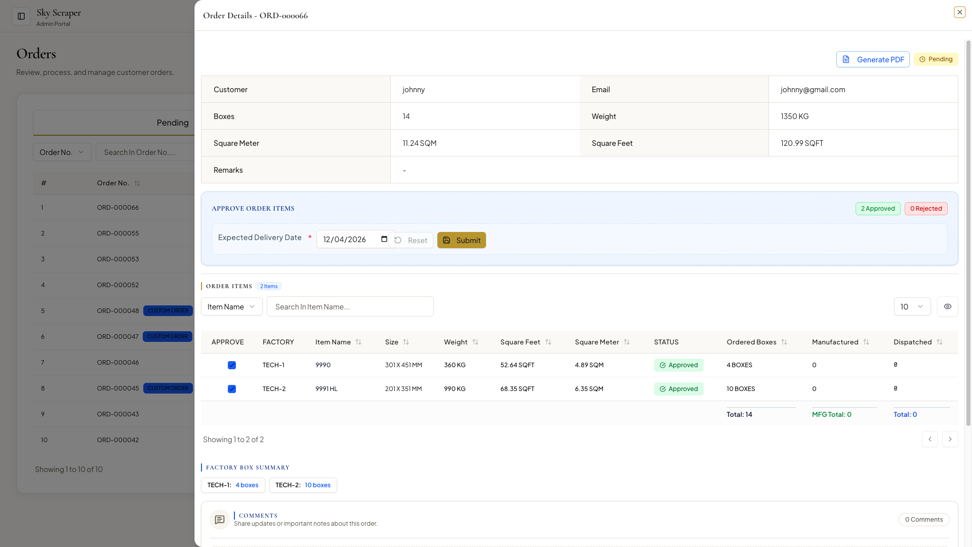 Order details — approval and line items