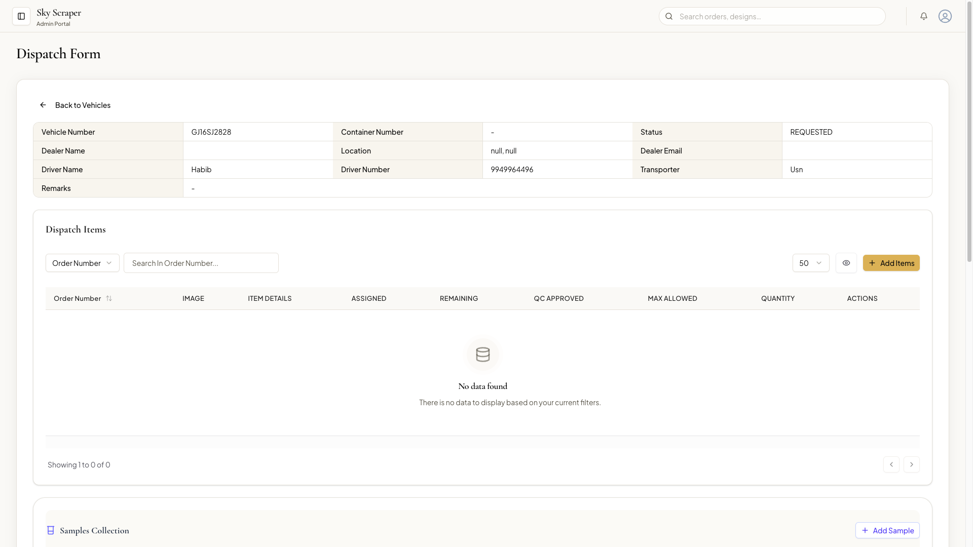 Dispatch form — assign items to vehicle